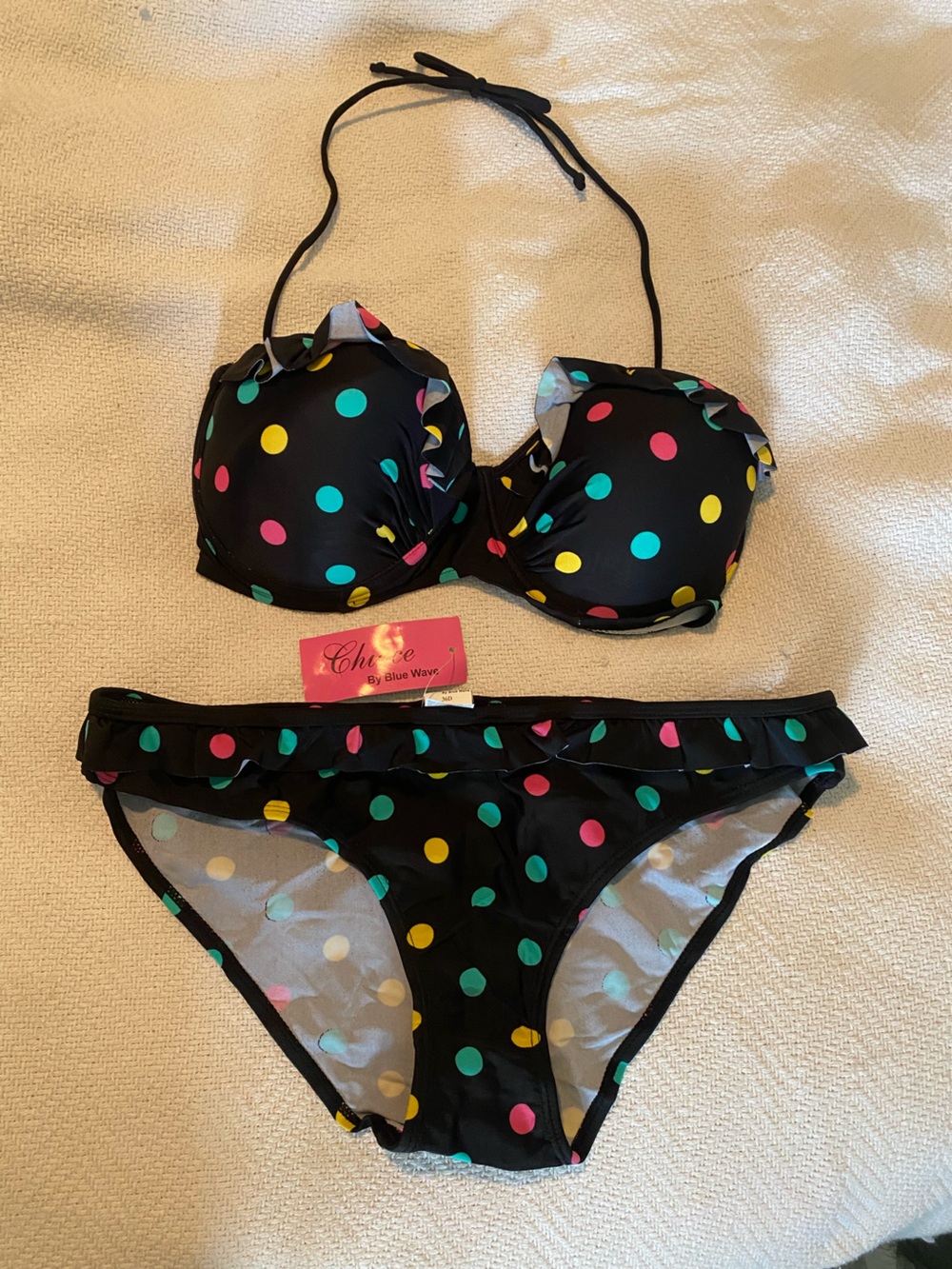 NWT Black Polka Dot Ruffle Bikini 36D